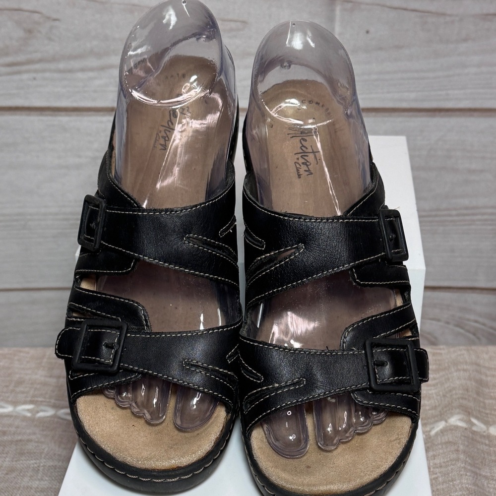Clarks Collection Black Leather Wedge Sandals Ultimate Comfort Buckle‎ 9M